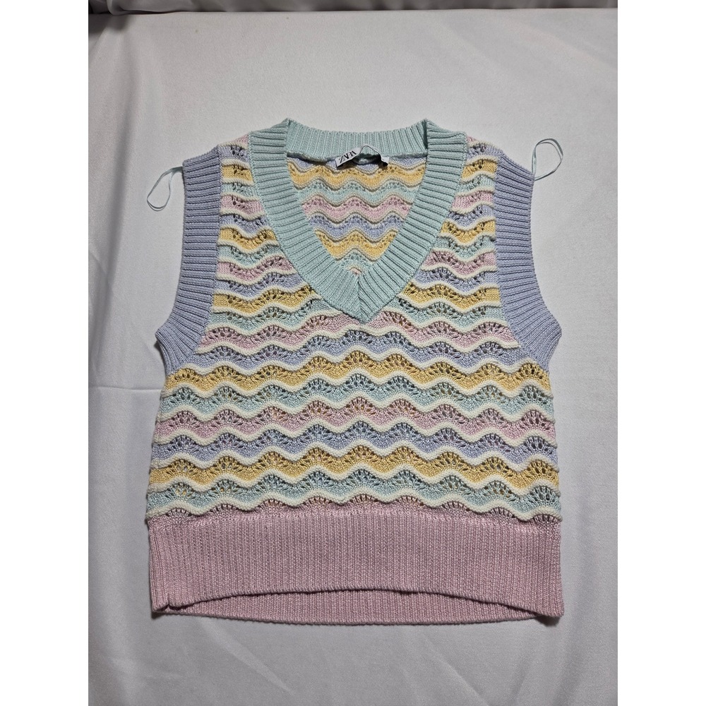 Zara Pastel Chevron Knit Sweater Vest‎ V-Neck Sleeveless Multi Color Pointelle S